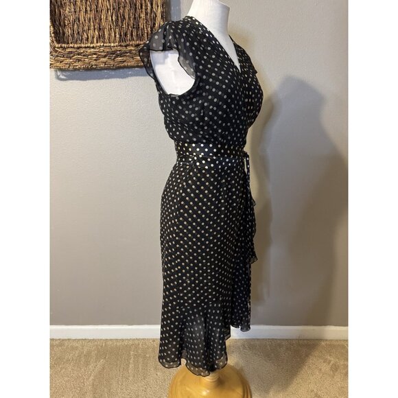 Etcetera Wrap Dress 6 Small Black Gold SILK Polka Dot Flutter Cap Sleeve - Picture 9 of 11